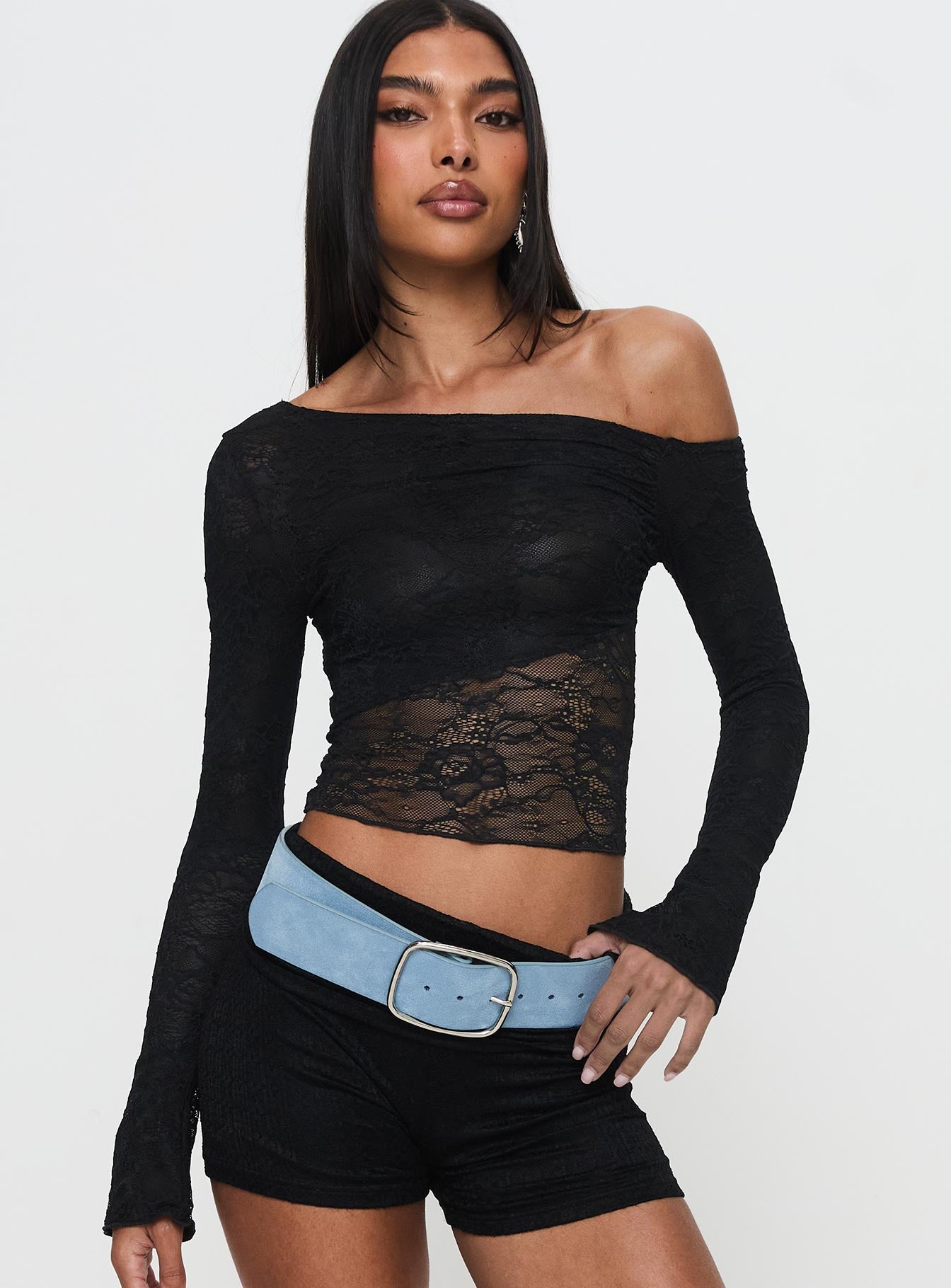 Tiberius Lace Asymmetrical Long Sleeve Top Black | Princess Polly