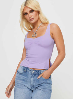 side view of model wearing Princess Polly Rehna Top Lilac Sleeveless Sweetheart 
