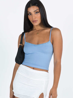 Front view of model wearing  front Princess Polly Sleeveless Square Neck  Armer Top Blue