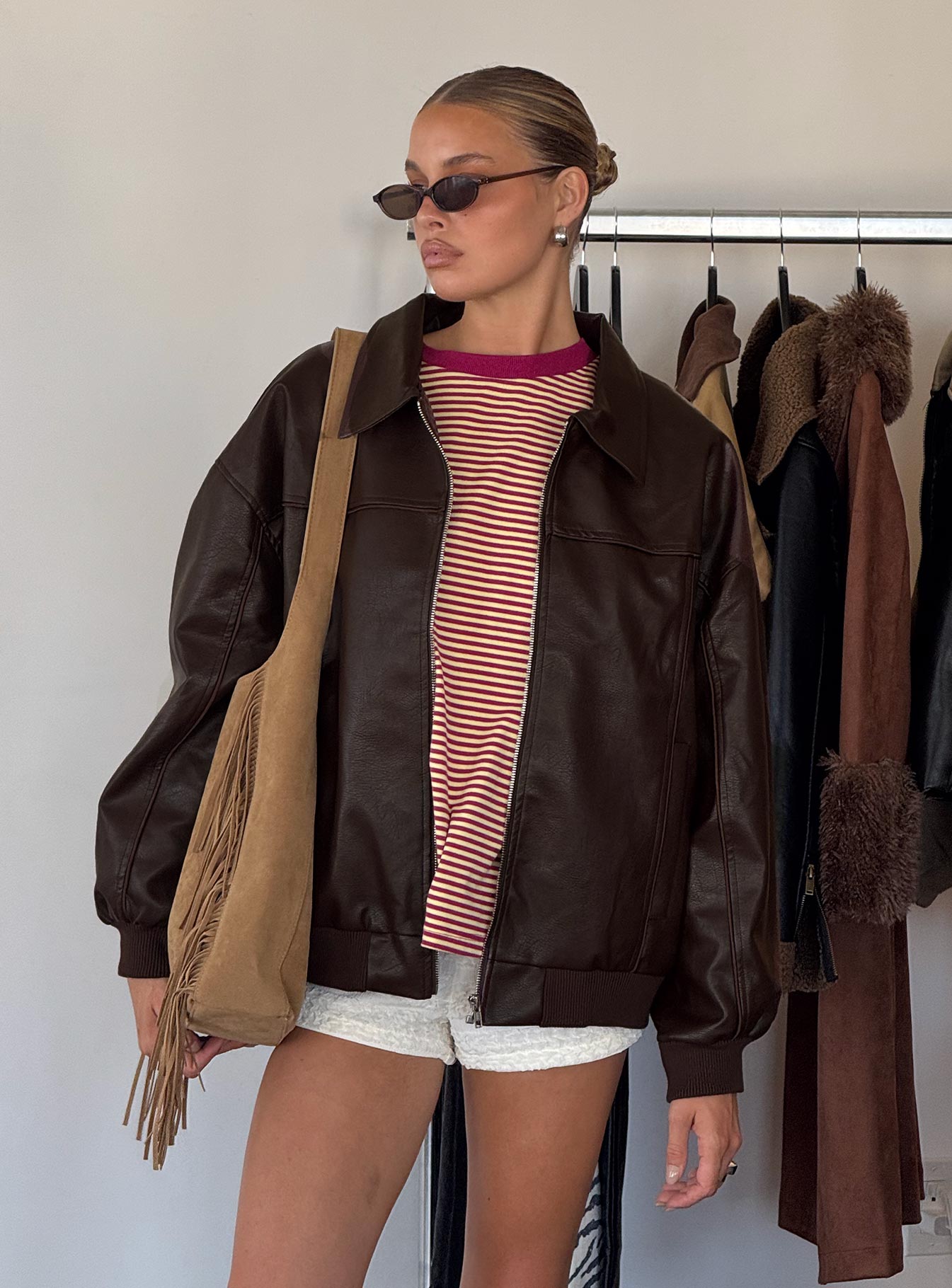 Goldsmith Faux Leather Bomber Jacket Brown | Princess Polly