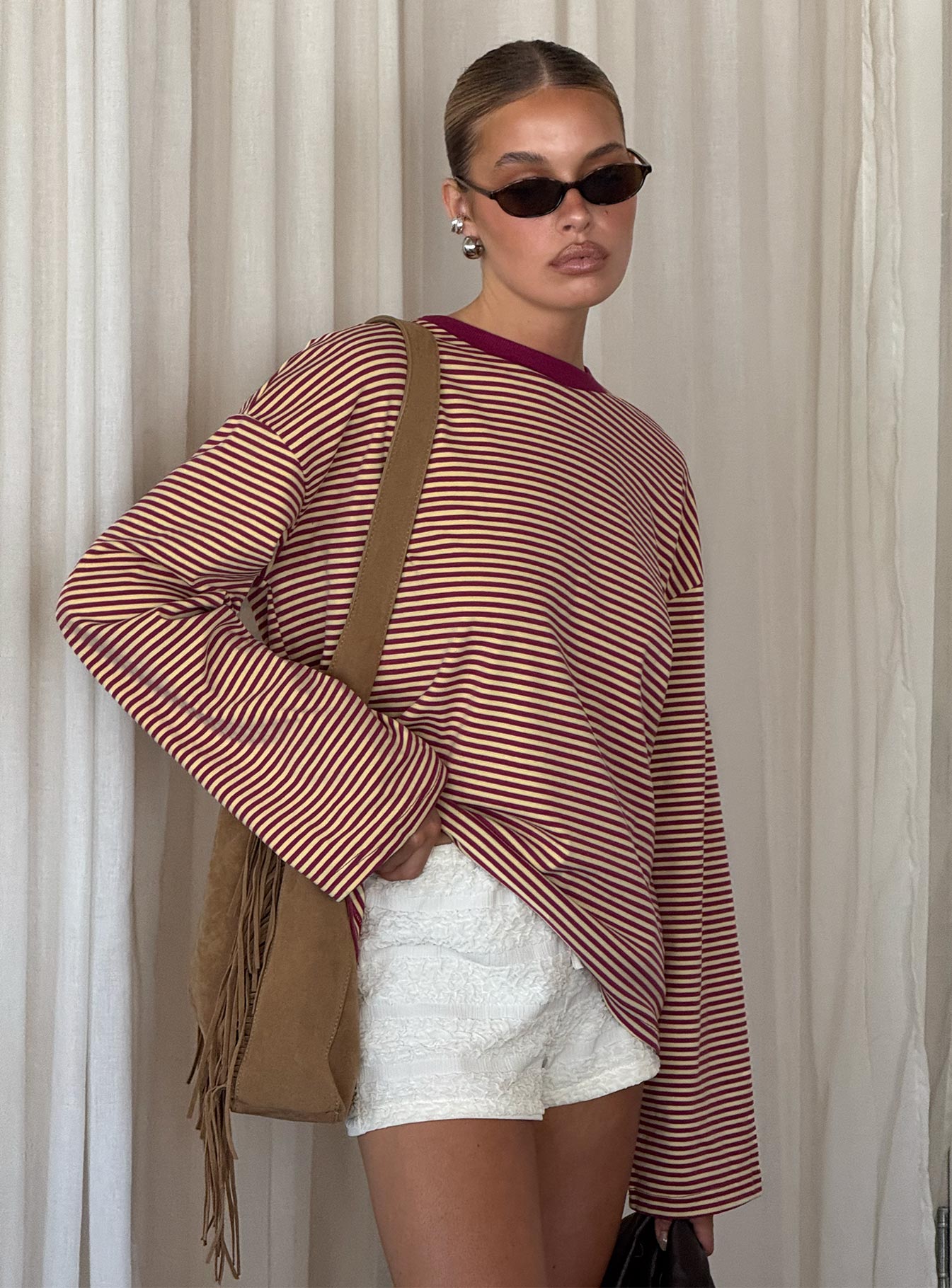 Settle Down Long Sleeve Top Lemon / Burgundy Stripe