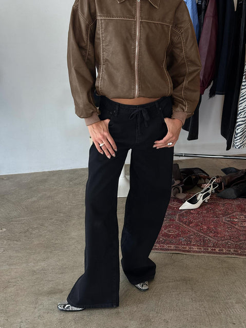 front view of model wearing Princess Polly Mellowed Out Low Rise Straight Leg Jeans Washed Black Low Rise Jeans 