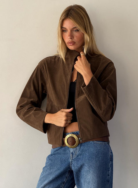 Jessalynn Faux Suede Zip Through Jacket Brown