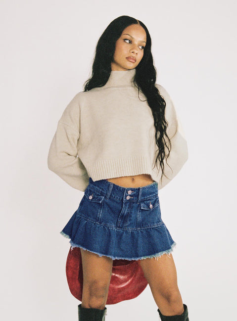   front view of model wearing Princess Polly Dapperton Denim Mini Skirt Mid Blue Mini Skirts 