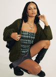 front view of model wearing Princess Polly Lester Knit Cardigan Olive Long 