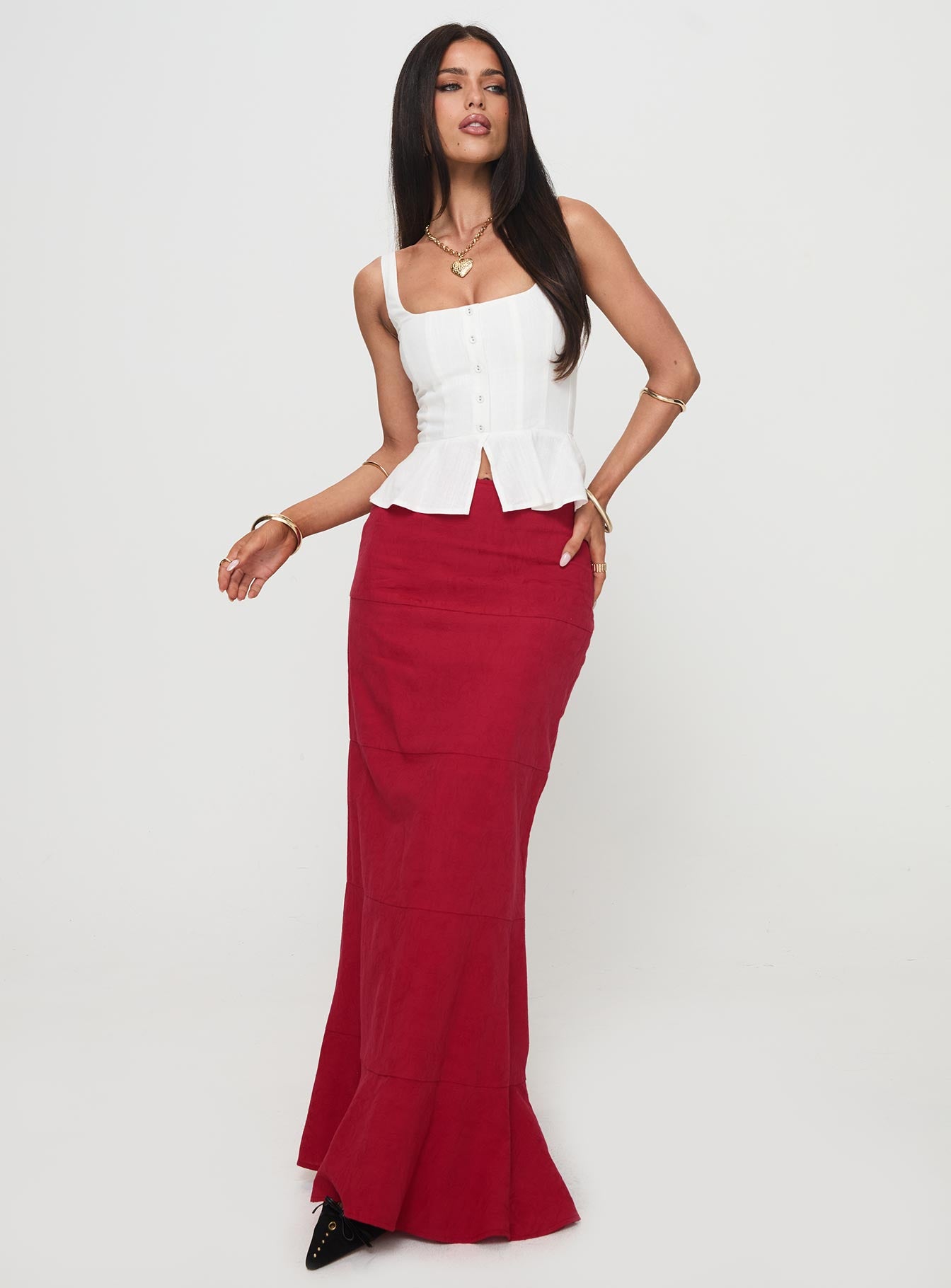   front view of model wearing Princess Polly Raven Mid Rise Maxi Skirt Red Maxi 