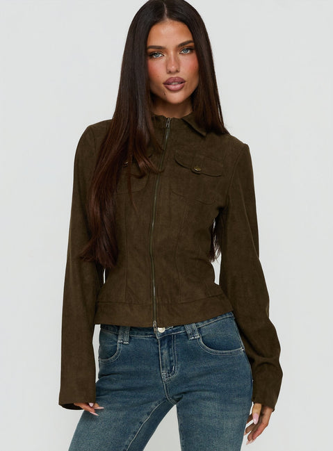 Kelehan Long Sleeve Faux Suede Zip Front Jacket Khaki