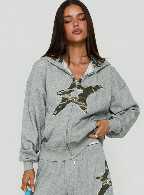 Chelzie Zip Through Graphic Hoodie Grey Marle / Camo
