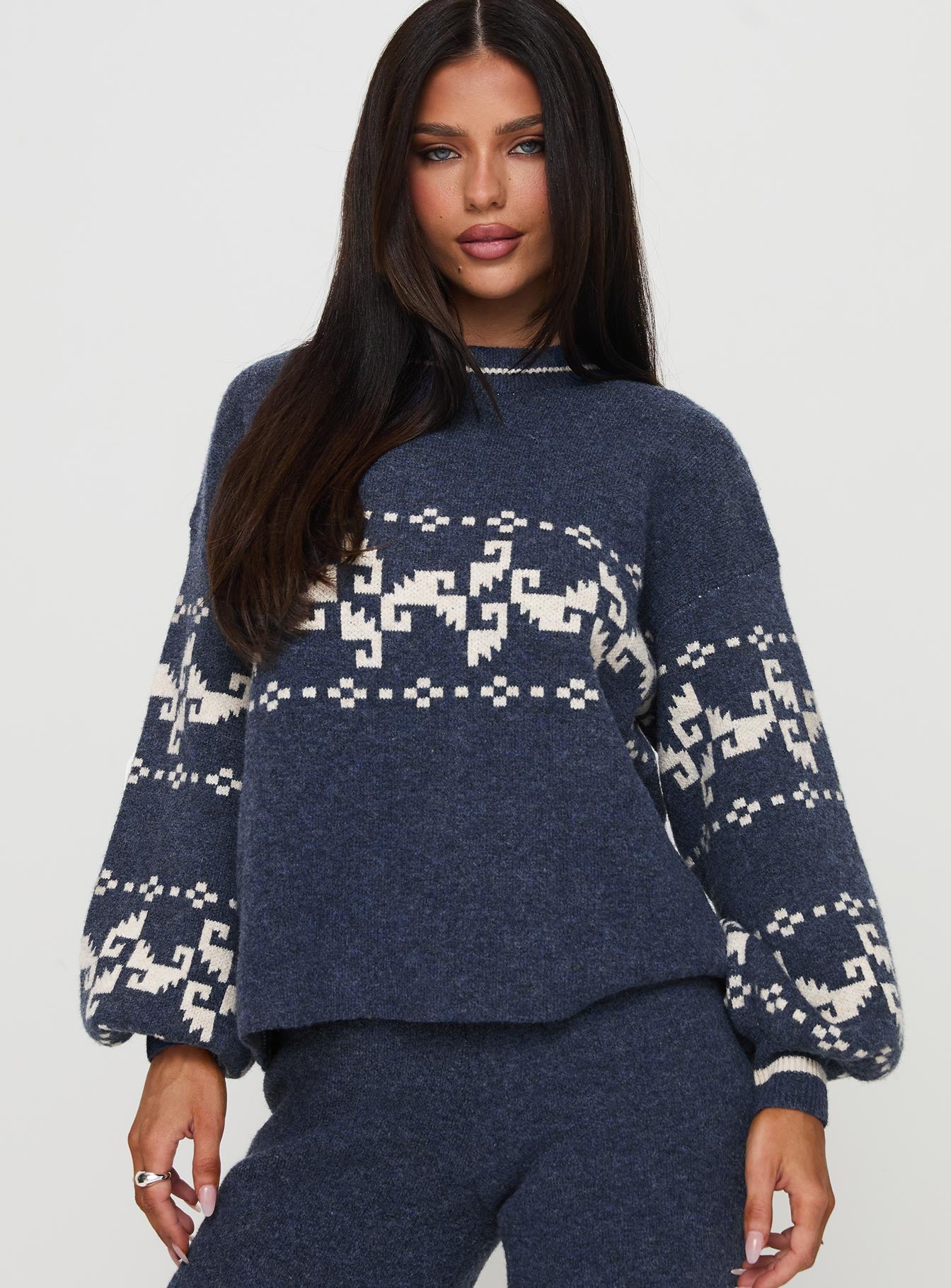 front view of model wearing Princess Polly Alpine Sweater Navy / Cream Cropped Jumpers 