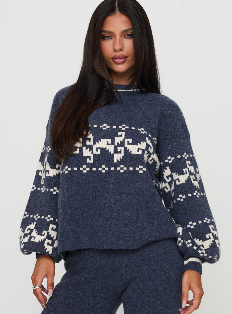 front view of model wearing Princess Polly Alpine Sweater Navy / Cream Long 