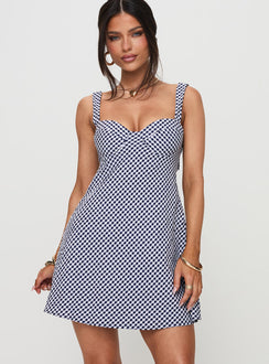 front view of model wearing Princess Polly Mcbeath Mini Dress Navy Check Sweetheart Neckline 