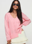 front view of model wearing Princess Polly Sezza Cable Knit Cardigan Baby Pink Long 