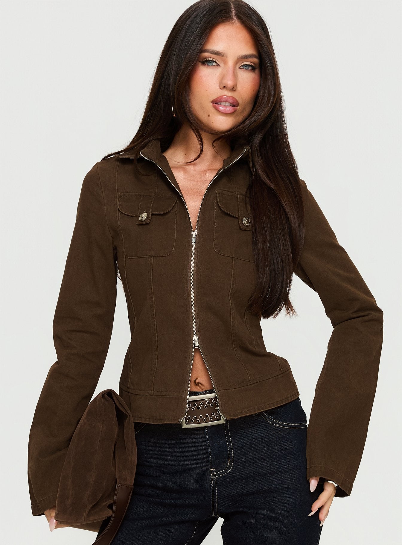 Kelehan Long Sleeve Zip Front Top Stonewashed Brown