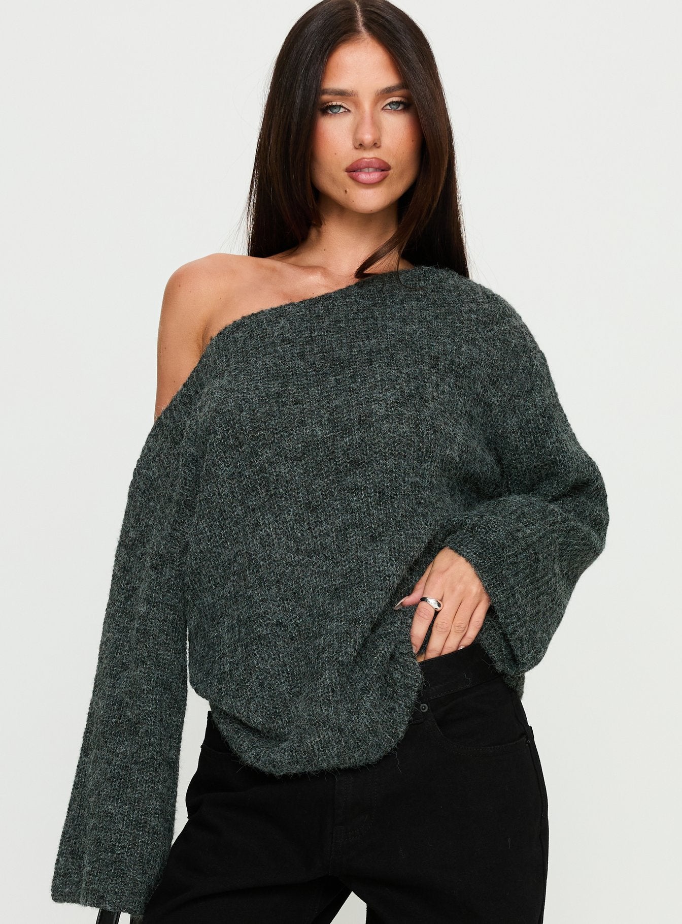 Delyn Off Shoulder Slouchy Knit Sweater Black Marle