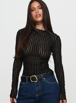 front view of model wearing Princess Polly Padra Long Sleeve Top Black Full Sleeves High Neck 