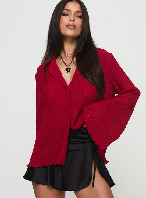 front view of model wearing Princess Polly Selma Shirt Burgundy Full Sleeves V-Neck 