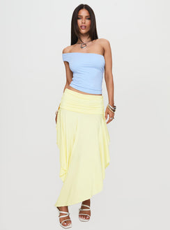   front view of model wearing Princess Polly Symphonia Asymmetrical Midi Skirt Butter Yellow Midi Skirts 
