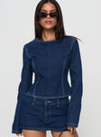 front view of model wearing Princess Polly Countryside Long Sleeve Top Denim Full Sleeves Crew Neck 