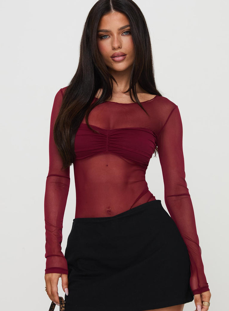 front view of model wearing Princess Polly Duet Bodysuit Burgundy Full Sleeves 