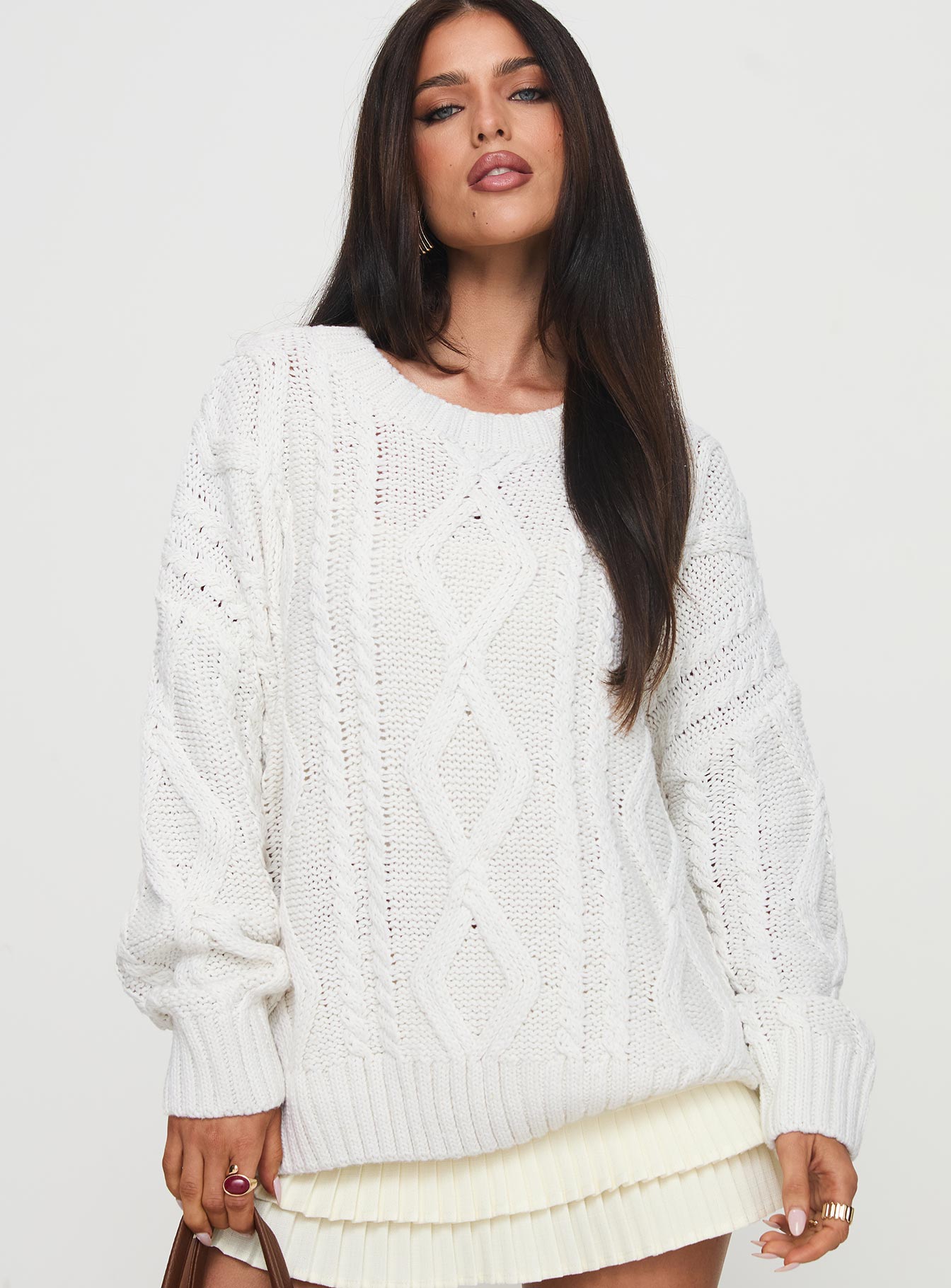 front view of model wearing Princess Polly Anaya Oversized Sweater White 