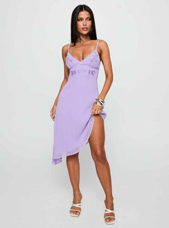 back view of model wearing Princess Polly Secret Gardens Asymmetrical Midi Dress Purple Plunger 