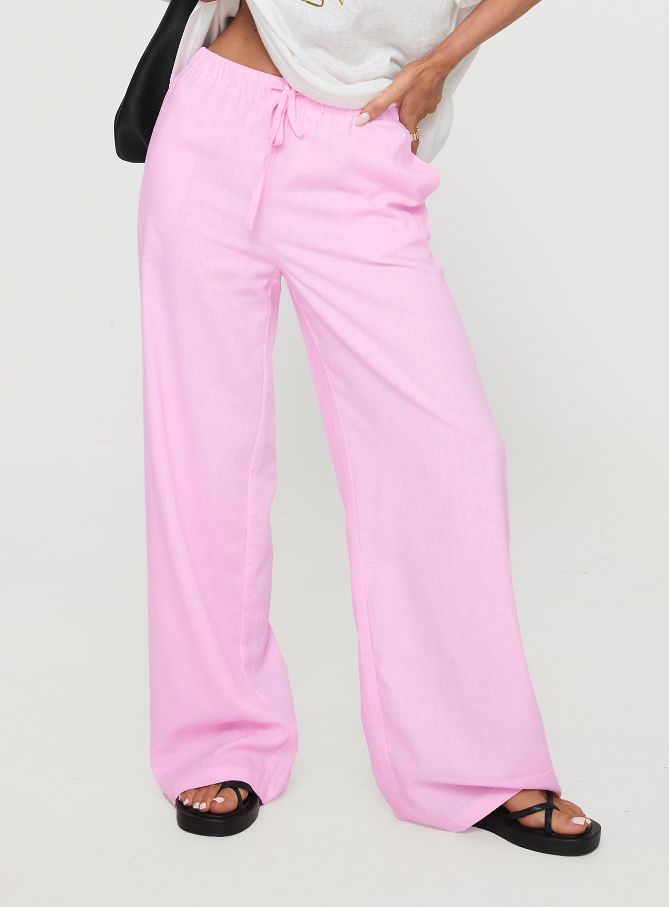 side view of model wearing Princess Polly Darise Pants Blush High Waisted Pants 