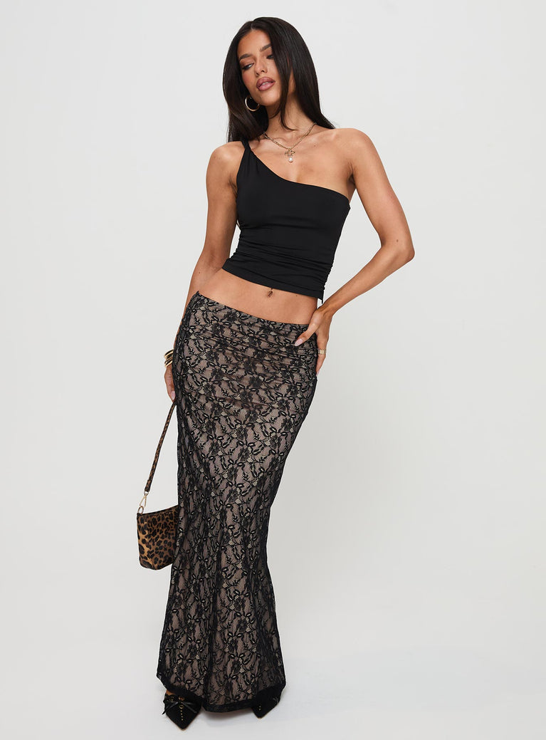   side view of model wearing Princess Polly Lourenzia Lace Maxi Skirt Black / Nude Maxi 