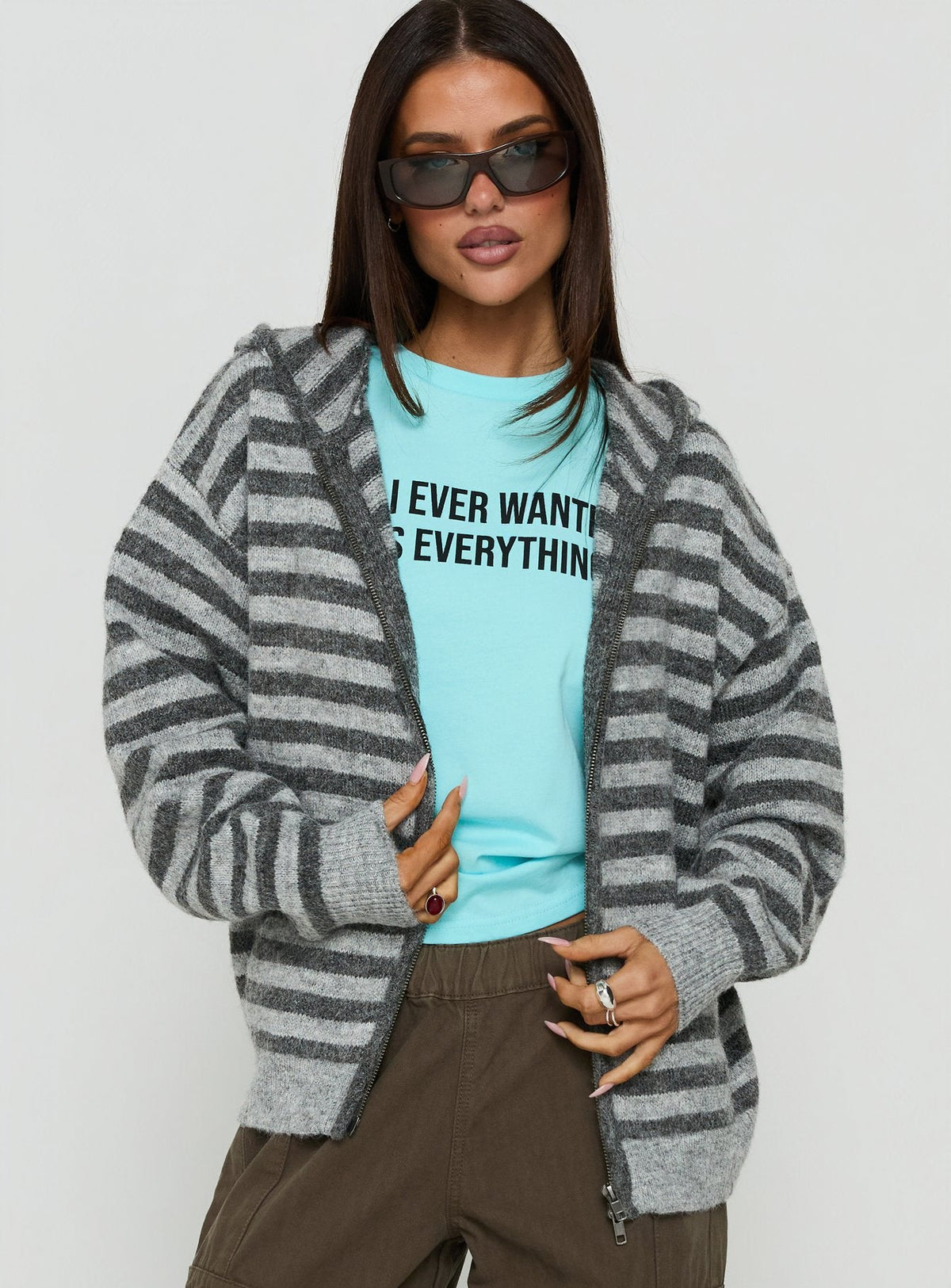 Aubry Oversized True Knit Hoodie Grey Stripe