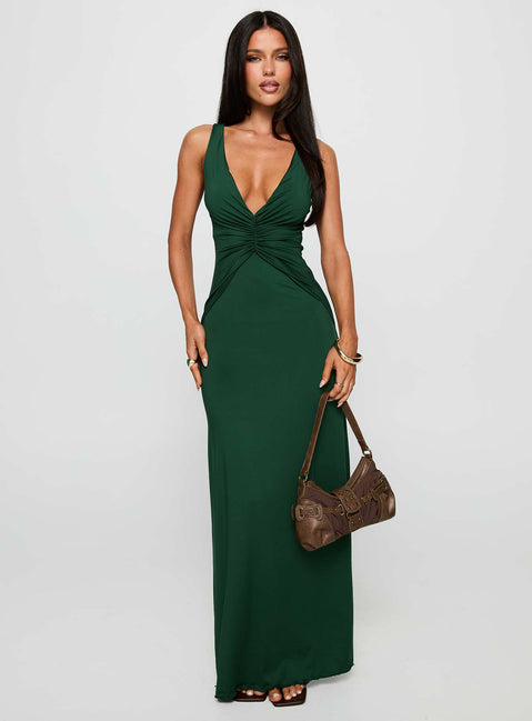front view of model wearing Princess Polly Frederica Plunge Maxi Dress Forest Green Plunger 