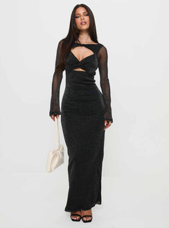 side view of model wearing Princess Polly Allegoria Long Sleeve Maxi Dress Black Glitter Scoop Neck 