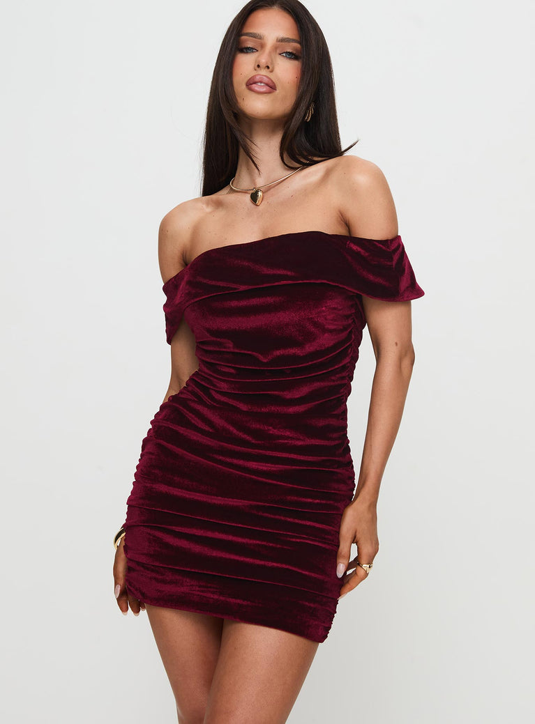 front view of model wearing Princess Polly Regency Strapless Velvet Mini Dress Burgundy Straight Neck 