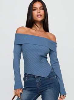 front view of model wearing Princess Polly Brisa Long Sleeve Top Blue Full Sleeves straight 