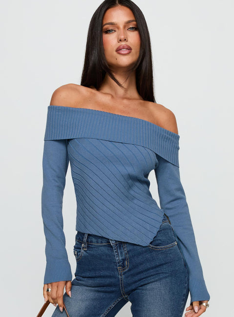 front view of model wearing Princess Polly Brisa Long Sleeve Top Blue Full Sleeves straight 