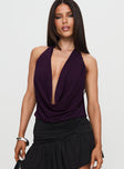 front view of model wearing Princess Polly Carefree Days Cowl Neck Top Purple Sleeveless Cowl 