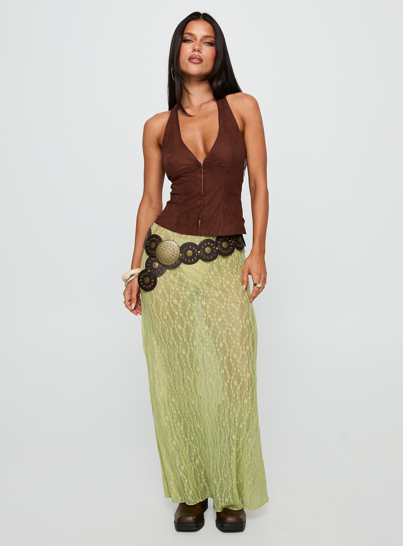   front view of model wearing Princess Polly Pura Vida Lace Maxi Skirt Sage Maxi 