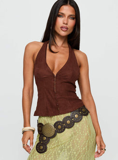 front view of model wearing Princess Polly Movie Stars Faux Suede Halter Top Brown Sleeveless Plunger 