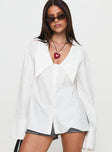 front view of model wearing Princess Polly Calistoga Deep Collar Shirt Ivory Full Sleeves Plunger 