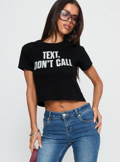Text, Don't Call Shimmer Graphic Top Black