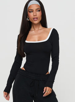 front view of model wearing Princess Polly Ender Contrast Trim Bodysuit Black Long Sleeve Tops 