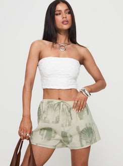 front view of model wearing Princess Polly Heylee Shorts Beige / Green High Waisted Shorts 