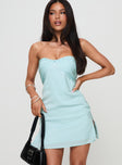 front view of model wearing Princess Polly Irena Strapless Mini Dress Light Blue Petite Sweetheart Neckline 