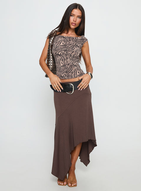   front view of model wearing Princess Polly Futura Asymmetrical Midi Skirt Chocolate Maxi Skirts 