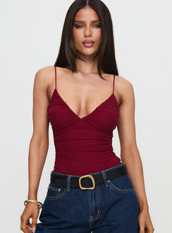 front view of model wearing Princess Polly Merril Bodysuit Maroon Sleeveless 