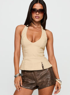 back view of model wearing Princess Polly Childers Halter Top Beige Sleeveless Plunger 