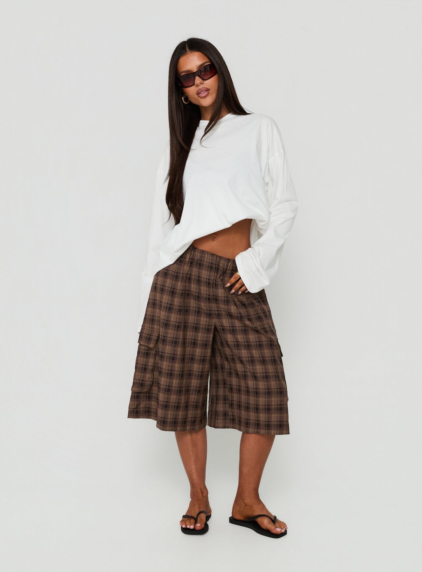 Brenn Baggy Longline Shorts Braunes Karo