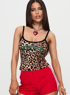 front view of model wearing Princess Polly Calithea Tank Top Leopard Sleeveless Scoop Neck 