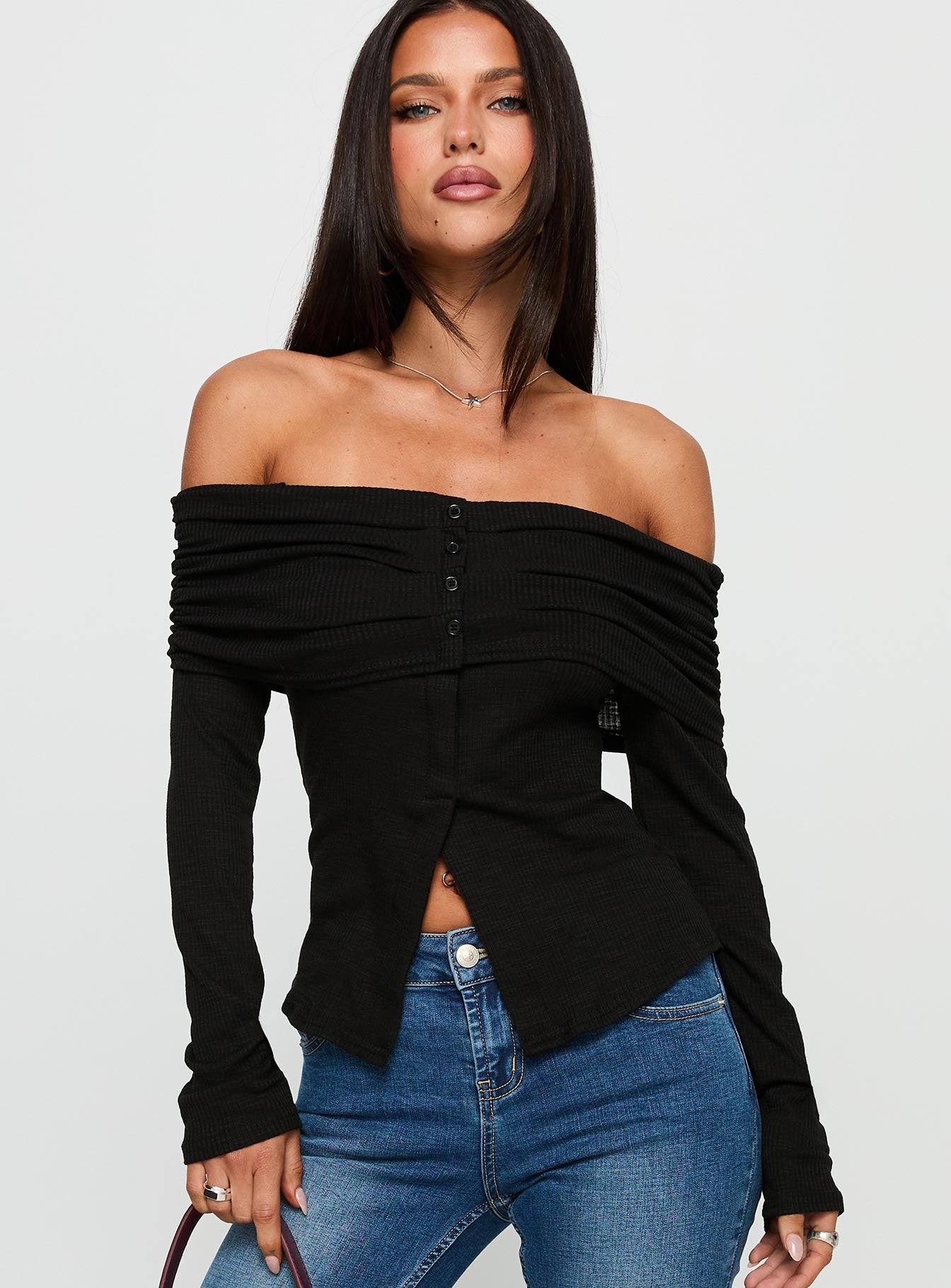 front view of model wearing Princess Polly Victorea Off Shoulder Top Black Full Sleeves straight 