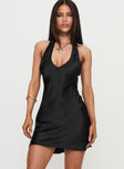 front view of model wearing Princess Polly Mysteria Halter Mini Dress Black Plunger 