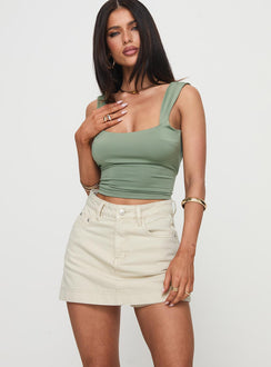 front view of model wearing Princess Polly Heuston Denim Skort Cream High Waisted Shorts 