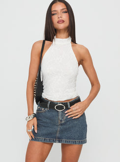   front view of model wearing Princess Polly Nickei Denim Mini Skirt Washed Blue Mini Skirts 